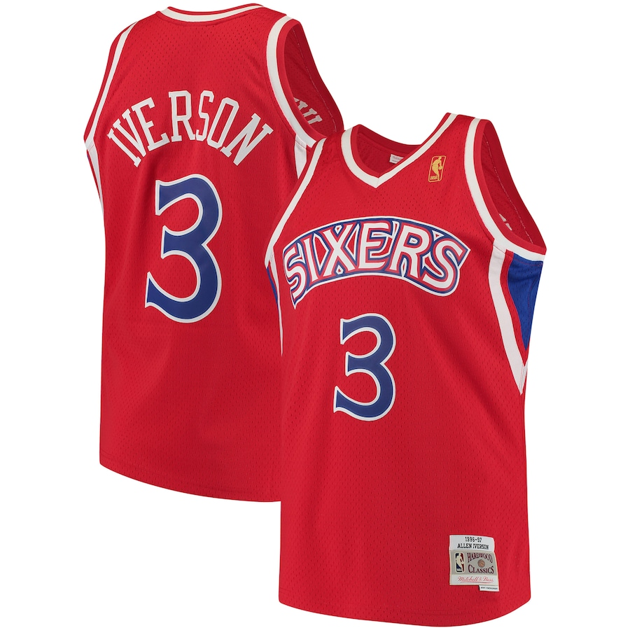Men's Philadelphia 76ers Red #3 Allen Iverson Mitchell & Ness NBA 1996-97 Hardwood Classics Stitched Jersey Men's Philadelphia 76ers Red #3 Allen Iverson Mitchell & Ness NBA 1996-97 Hardwood Classics Stitched Jersey